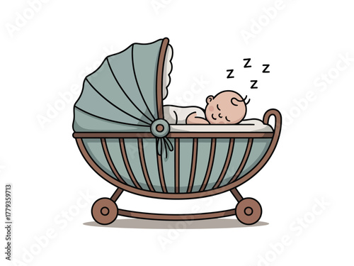A baby peacefully sleeps in a vintage cradle rocking gently.