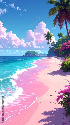 Animated tropical beach scene with pink sand and clear turquoise water