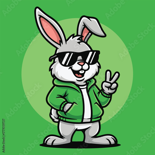 Funny Rabbit Giving Peace Sign Green Hoodie Cartoon Bunny