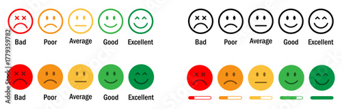 Colorful emoji faces representing customer satisfaction levels from bad to excellent with progress bars. Ideal for surveys, reviews, feedback forms, and rating evaluations in business and service.