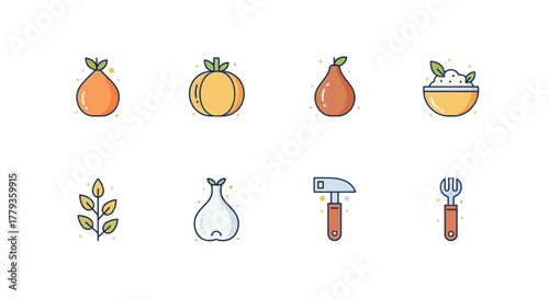 Collection of delightful food and tool icons. Vector illustrations of various healthy fruits, vegetables, and helpful instruments