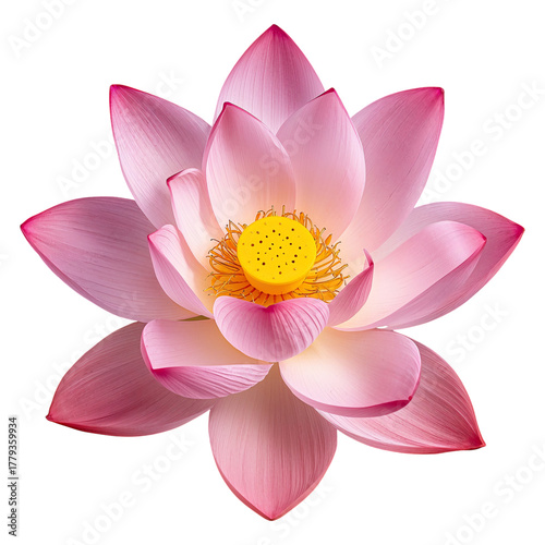 Beautiful Pink Lotus Flower Blooming With Bright Yellow Center and Green Stem...
