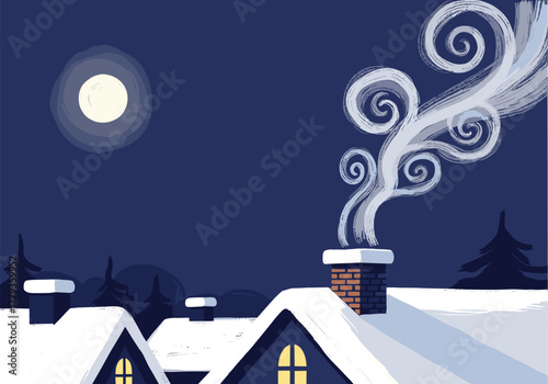 Cozy winter night with full moon and snowy rooftops