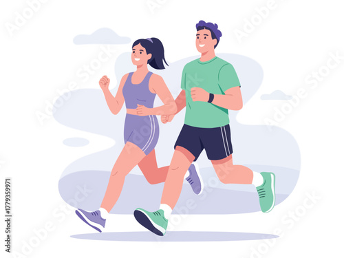 A happy couple enjoys a brisk morning jog together in an outdoor park setting.