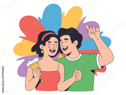 A joyful couple embraces with colorful abstract shapes behind them, celebrating happiness.