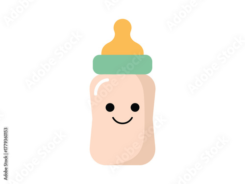 A cute cartoon baby bottle with a smiling face and green ring.