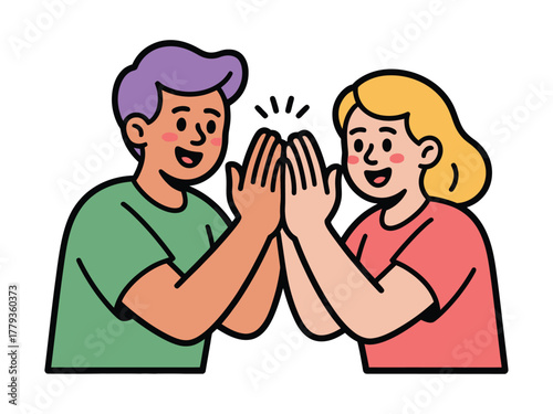 Two smiling people give each other a high five in celebration of success.