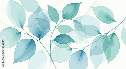 Delicate Watercolor Foliage Serene Branch Composition Featuring Transparent Blue and Green Leaves, Ideal for Backgrounds and Designs