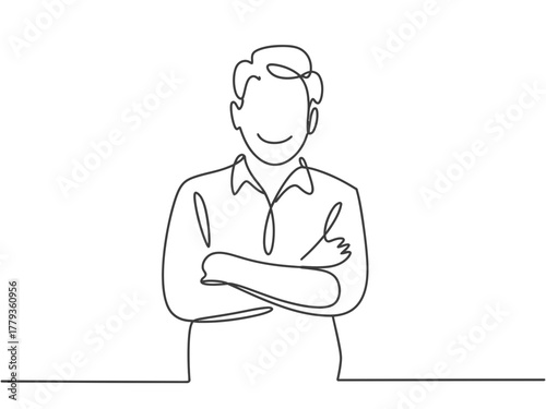 A person with arms crossed and a smile, drawn in a continuous line.