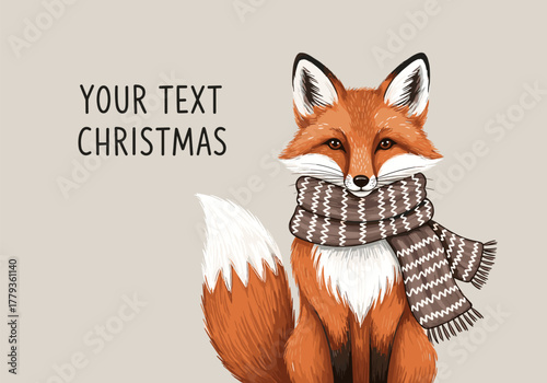 Festive fox with scarf on beige background for holiday greetings