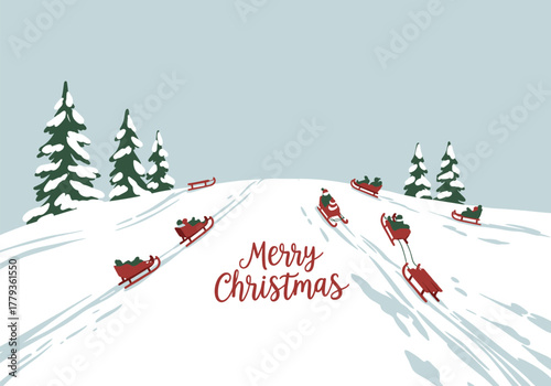 Retro christmas sledding scene with snowy trees and merry message