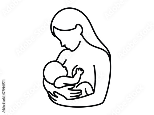 A simple line drawing depicts a mother breastfeeding her baby with love and care.