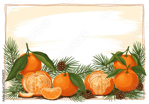 Festive mandarins and pine cones with evergreen branches on elegant border background