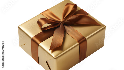 Luxurious gold gift box with elegant satin ribbon, perfect for celebrations, holidays, and special occasions, exuding premium quality and festive joy.