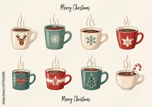 Cozy christmas mugs with holiday designs and steaming hot drinks