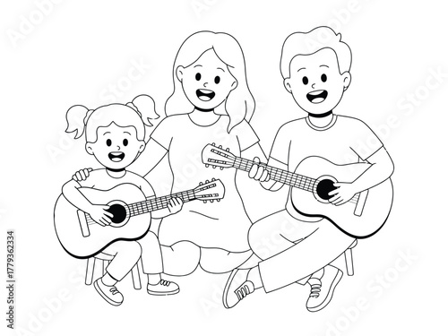 A happy family of three plays guitars together, smiling and enjoying music.