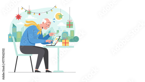Stressed elderly man struggles with technology while trying to finish online holiday shopping