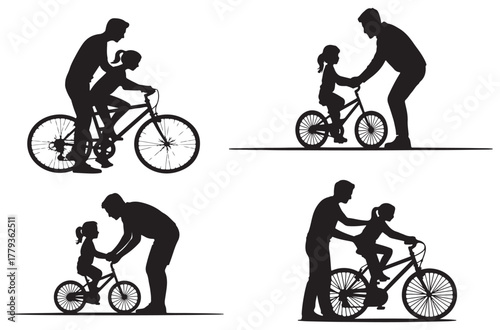 "Father Teaching Daughter to Ride a Bicycle Silhouette Vector – Family Sports Activity Icon"
