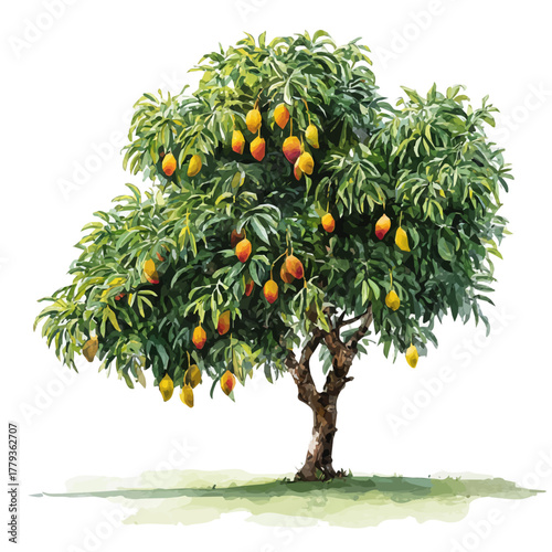 Mango Tree watercolor drawing vector, premium quality illustration on a clean white background.
