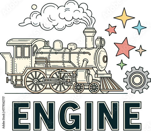 Vintage Steam Engine Illustration Graphic Design for Transport Industry Presentation, Antique Locomotive Powering Forward,  Creative Transportation Technology Artwork Nostalgia,  Railroad  Business
