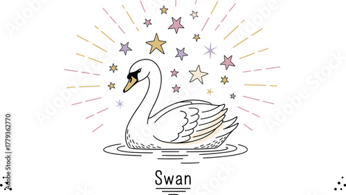 Elegant Swan Swimming Peacefully Under a Starry Sky Illustration for Children's Storybooks, Magical Designs, Dreamy Concepts, Serene Imagery, and Creative Projects Depicting Tranquility, Artistic