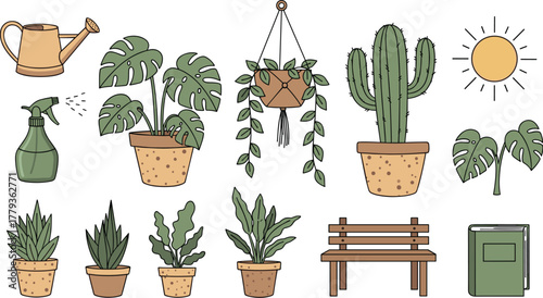 Indoor Plants and Gardening Scene Illustration with Watering Can, Spray Bottle, Cacti, and Monstera for Home Decor, Garden Design, Botanical Concepts, and Horticultural Projects in Modern Minimalist