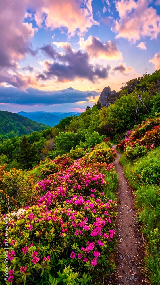 Obraz premium Mountain path with azaleas at sunset