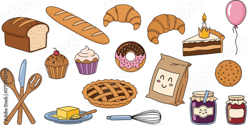 Delicious Bakery Treats and Baking Utensils Illustration: Fresh Bread, Croissants, Doughnuts, Cake, Pie, Cookies and Jam for Culinary Arts, Pastry Design, Food Blog, Menu Design, Kitchen Decor and