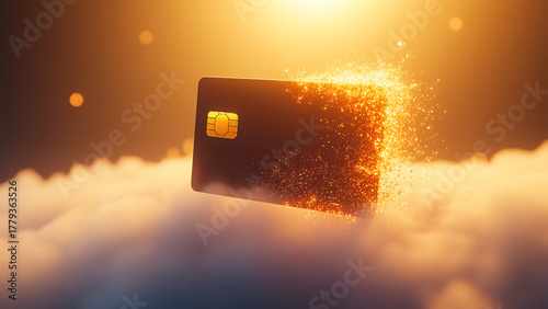 A digital credit card disintegrating into small glowing particles, representing online transactions