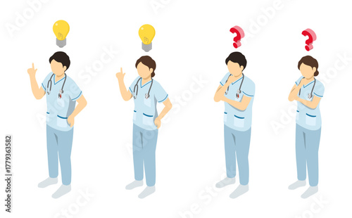 アイソメトリックイラスト：何かをひらめく看護師と考える看護師
