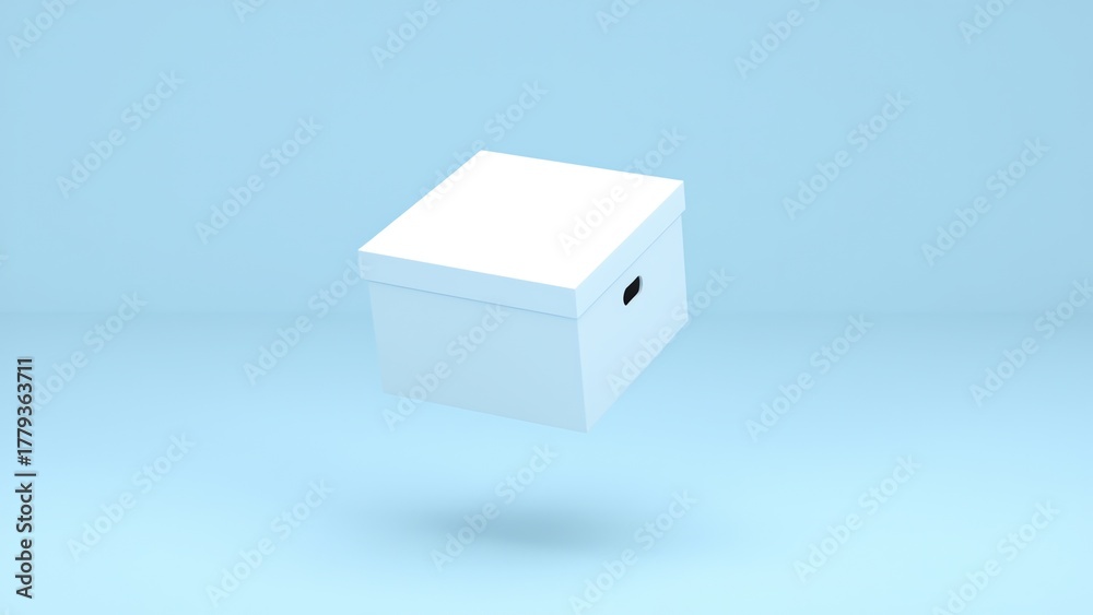 Obraz premium A minimalistic 3D render of a white box floating against a solid pastel blue background
