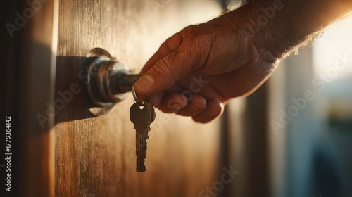 Mature person's hand inserts a metal key into a weathered wooden door lock during bright daylight