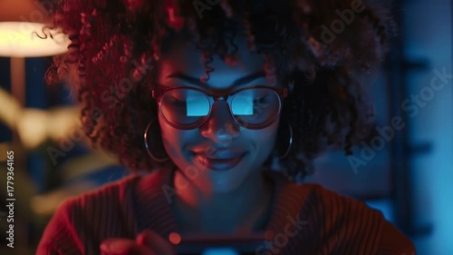 Two young women texting on smartphones, illuminated by blue and red neon lights, smiling and engaged in modern digital conversation, reflecting online connection and social life.
