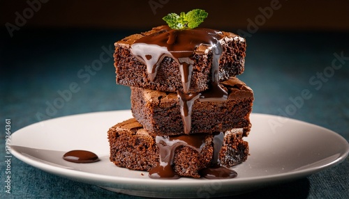 stack of fudgy brownies rich melted chocolate drizzled atop dessert photography decadent