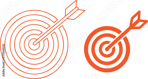 Two target boards with arrows hitting the center in orange on a black background