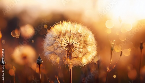 golden dandelion seed head bathed in sunlight ethereal glow shallow focus gentle soft