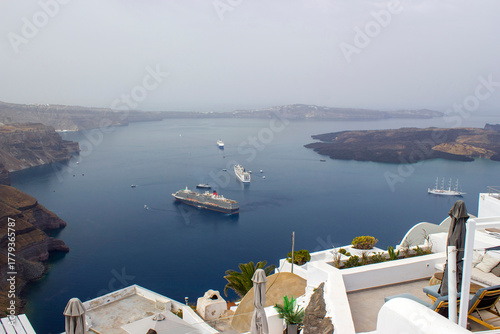 View of Caldera from Fira (Thira) town on Santorini island, Greece
