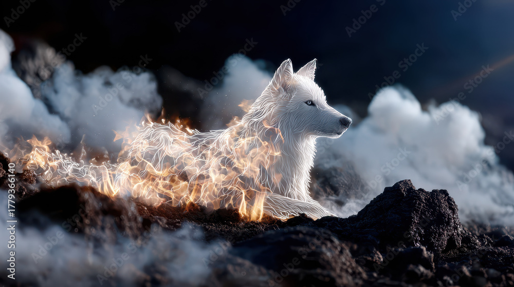 Naklejka premium White wolf surrounded by glowing fire and smoke in a mystical volcanic landscape at night
