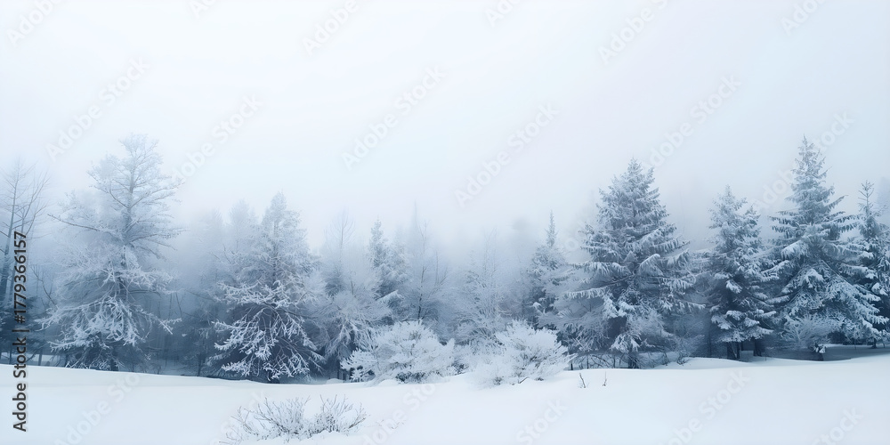 Naklejka premium Serene Winter Forest Landscape Covered in Hoarfrost and Heavy Snow