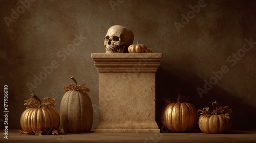 A still life composition featuring a skull and pumpkins on a pedestal, evoking a sense of the macabre and autumn