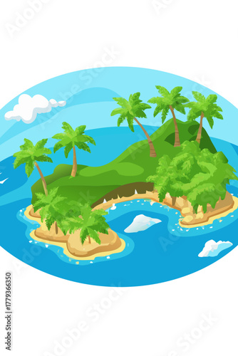 #:  957674806
Aerial view of the beautiful tropical island Taha'a in French Polynesia, The south pacific ocean water is vibrant blue with healthy coral reefs surrounded by lush green palm.icon