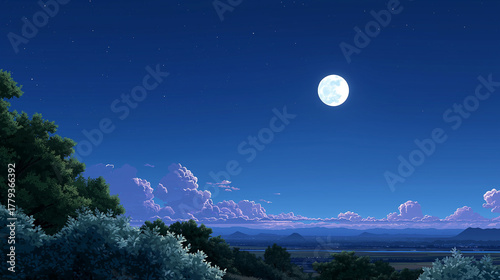 Enchanting Anime Night Scene with Glowing Full Moon Reflected on Tranquil Lake, Cherry Blossoms, and Sparkling Clouds Under a Starry Sky – Dreamy Cinematic Fantasy Illustration