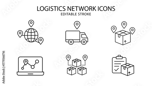 A set of logistics network icons with editable lines (not outlined), 線の編集ができる物流網に関するアイコンセット（アウトライン化していない)