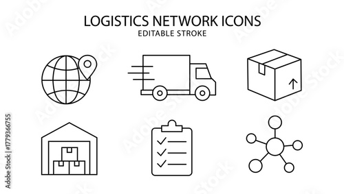 A set of logistics network icons with editable lines (not outlined), 線の編集ができる物流網に関するアイコンセット（アウトライン化していない), icon, icons, set, vector, business, symbol, sign, computer, illustration, web, office, servic