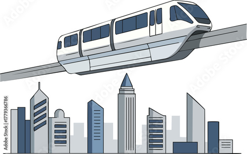 A silver monorail travels above a city skyline with tall buildings and skyscrapers.