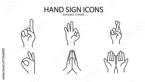 A set of hand sign icons with editable lines (not outlined), 線の編集ができるハンドサインに関するアイコンセット（アウトライン化していない）, hand, icon, finger, thumb, up, vector, symbol, ok, good, gesture, illustration, sign, button, like