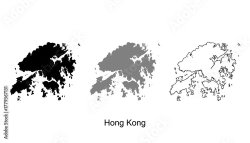 Hong Kong map set. Hong Kong map vector. Hong Kong map on silhouette, gray, and outline