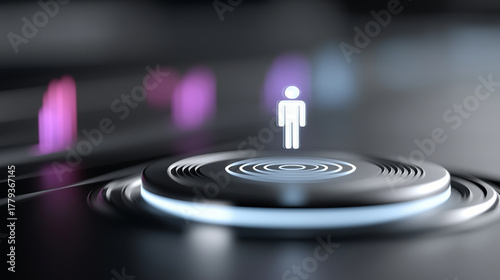 Futuristic minimalistic digital concept showing a glowing human icon surrounded by holographic soundwave visuals, symbolizing wireless stereo recording, AI voice technology, and high-fidelity sound in