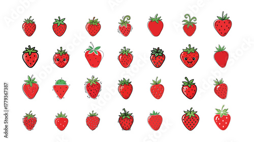 A vibrant collection of fresh red strawberries displayed against a clean white background