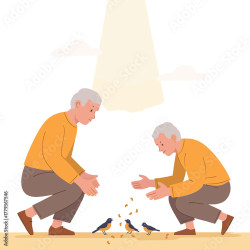 Senior men feeding birds. Elderly men scattering birdseed. Older men feeding pigeons outdoors. Retirees feeding birds together. Elderly set